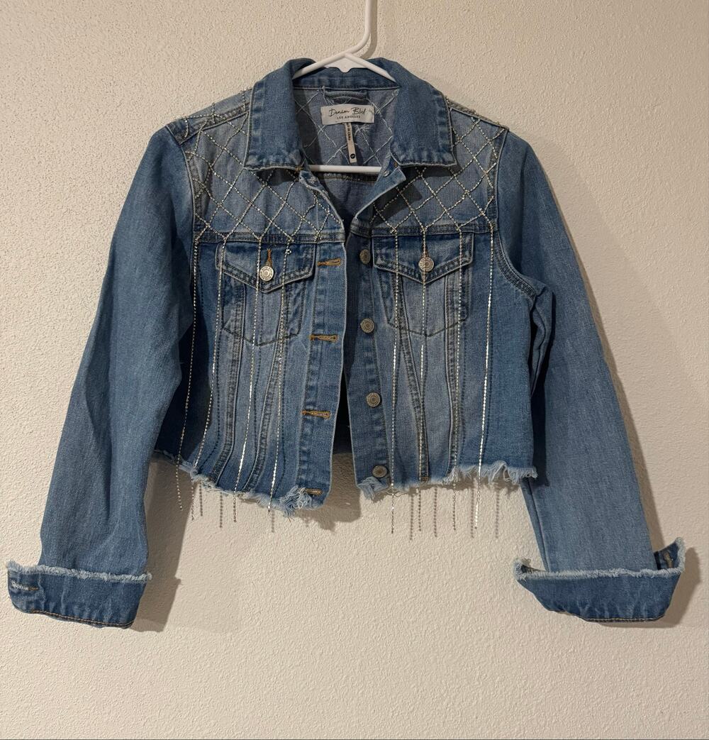 Denim Blvd LA Rhinestone Cropped DenimJacket Blue Small LOOSE STITCHING Festival